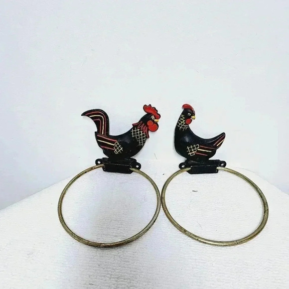 vintage rooster hen chicken round vintage towel bar iron - Picture 8 of 11